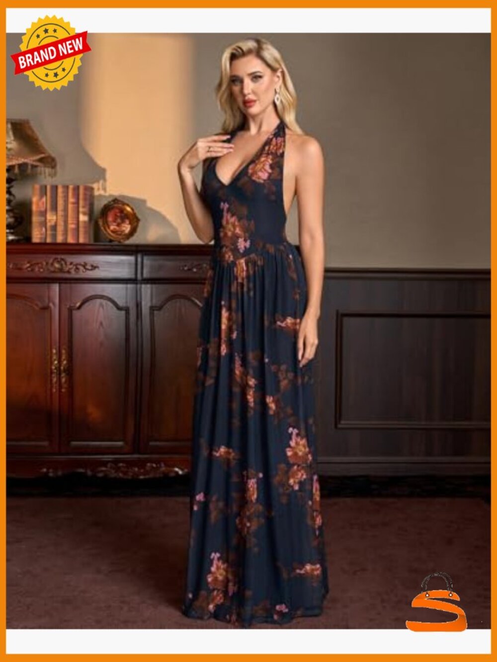 Women's Floral Halter Wedding Guest Maxi Dress V Neck Mesh Semi Formal Long - Picture 4 of 6